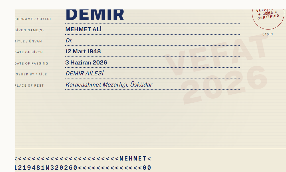 Kaligrafik vefat ilanı şablonu